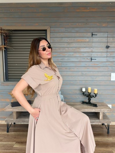 Göğüs Taş İşlemeli Bel Büzgülü Elbise