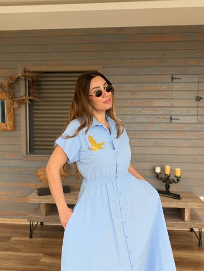 Göğüs Taş İşlemeli Bel Büzgülü Elbise