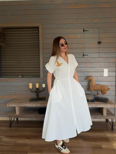 Göğüs Taş İşlemeli Bel Büzgülü Elbise