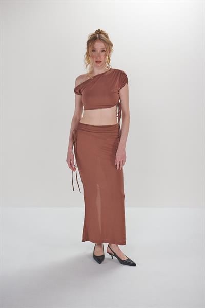 İvan Büzgülü Kahve Crop Etek Takım