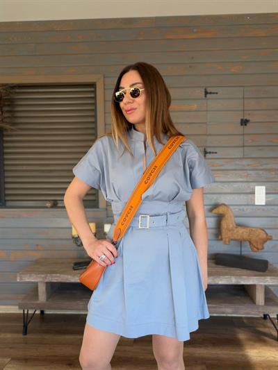 Kuşak Detaylı V Yaka Mini Elbise