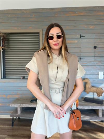 Kuşak Detaylı V Yaka Mini Elbise