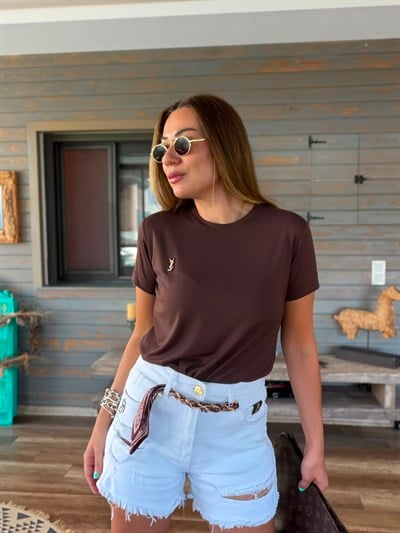 Metal Logolu Miktofiber/Spandeks Kumaş T-Shirt