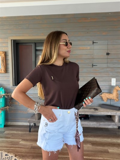 Metal Logolu Miktofiber/Spandeks Kumaş T-Shirt