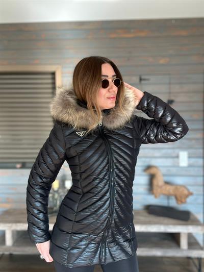 Micro Jel Kapşonu Kürklü Metal Logolu Mont