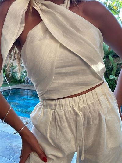 Moira Beyaz Keten Crop Pantolon Takım