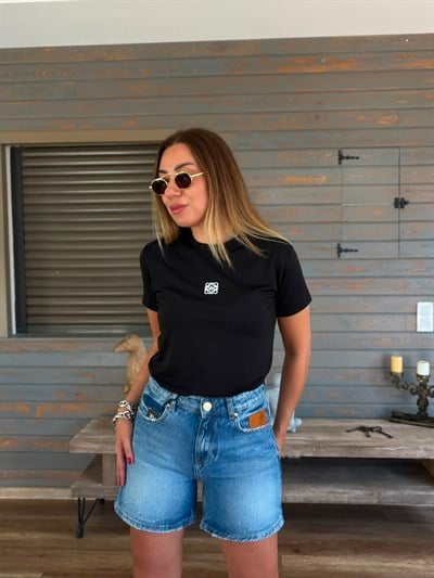 Nakış Logolu Bisiklet Yaka T-Shirt
