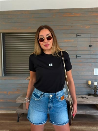 Nakış Logolu Bisiklet Yaka T-Shirt