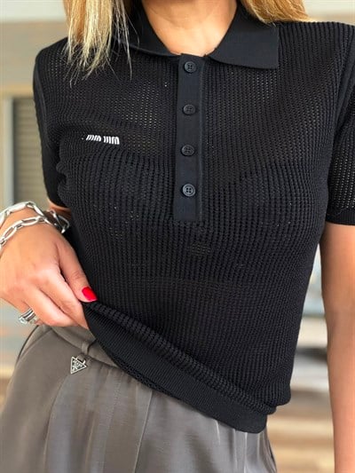 Nakış Logolu Örme Triko Yakalı T-Shirt