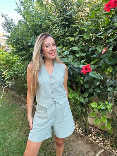 Nakış Logolu Şort Yelek Keten Takım