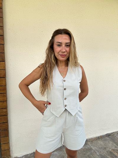 Nakış Logolu Şort Yelek Keten Takım