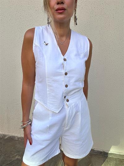 Nakış Logolu Şort Yelek Keten Takım