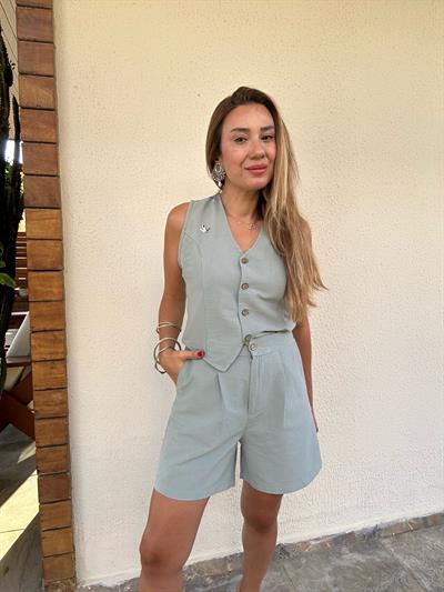 Nakış Logolu Şort Yelek Keten Takım