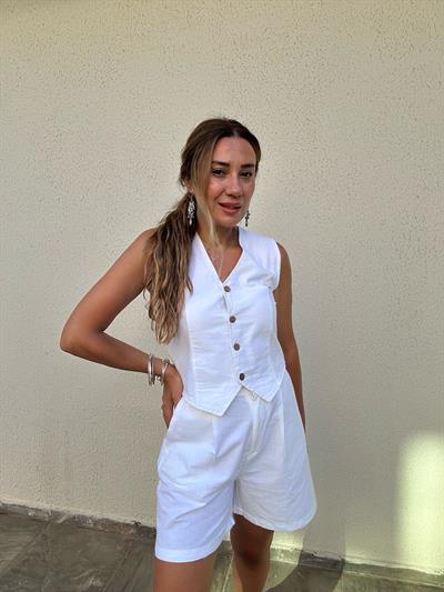 Nakış Logolu Şort Yelek Keten Takım