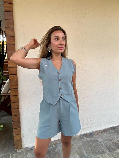 Nakış Logolu Şort Yelek Keten Takım