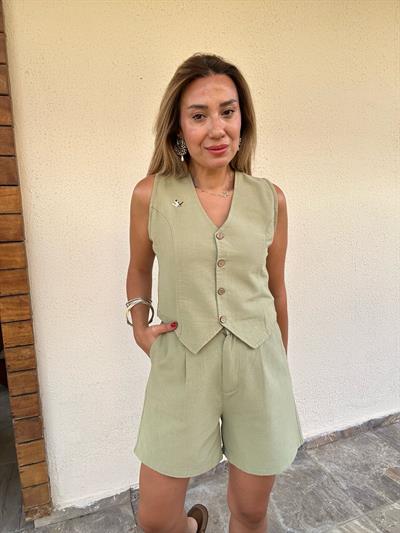 Nakış Logolu Şort Yelek Keten Takım