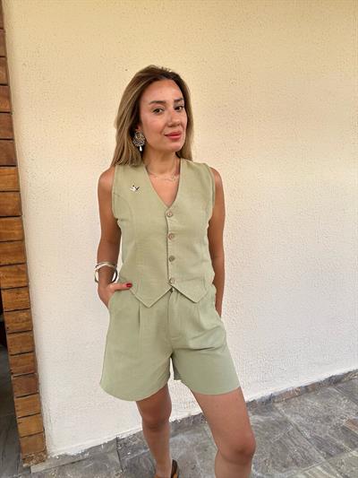 Nakış Logolu Şort Yelek Keten Takım