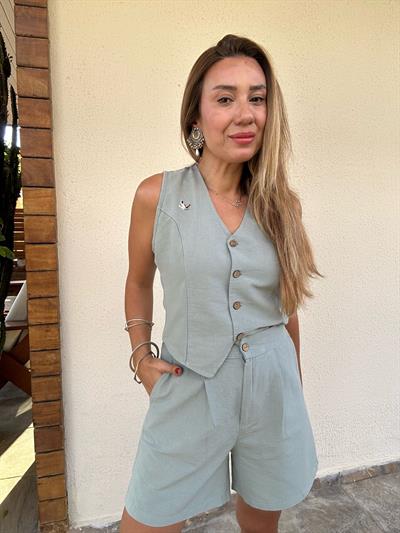 Nakış Logolu Şort Yelek Keten Takım
