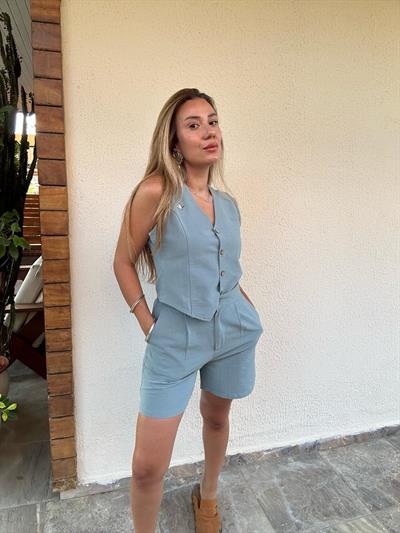 Nakış Logolu Şort Yelek Keten Takım