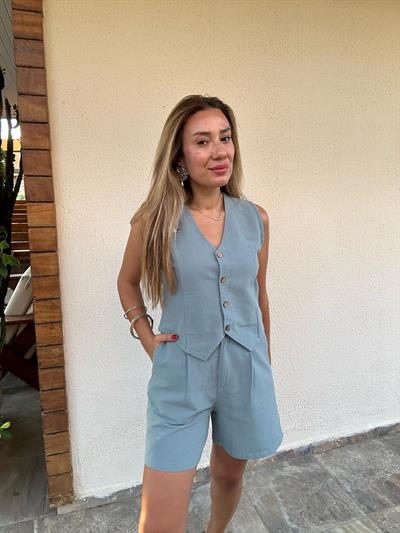 Nakış Logolu Şort Yelek Keten Takım