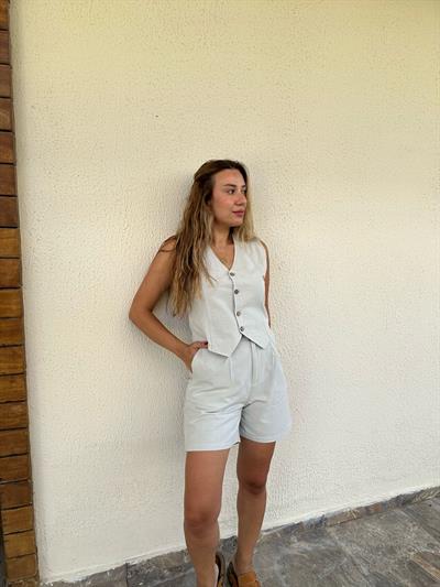 Nakış Logolu Şort Yelek Keten Takım