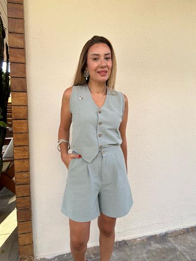 Nakış Logolu Şort Yelek Keten Takım