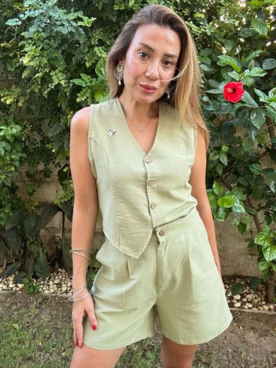 Nakış Logolu Şort Yelek Keten Takım