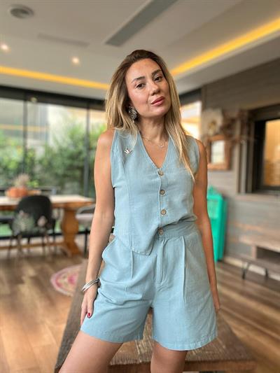 Nakış Logolu Şort Yelek Keten Takım