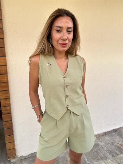 Nakış Logolu Şort Yelek Keten Takım