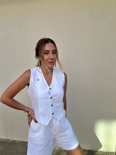 Nakış Logolu Şort Yelek Keten Takım