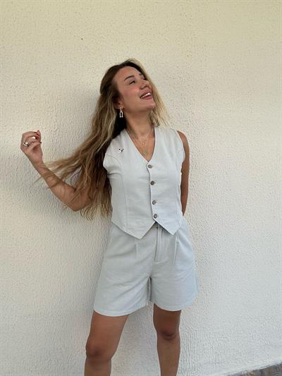 Nakış Logolu Şort Yelek Keten Takım