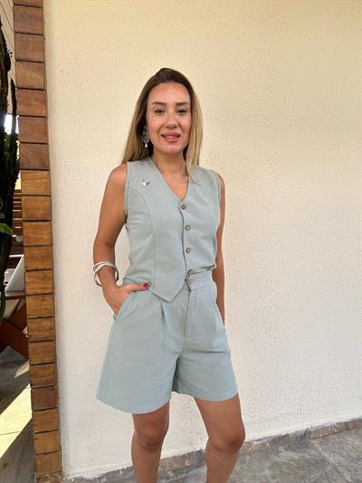 Nakış Logolu Şort Yelek Keten Takım
