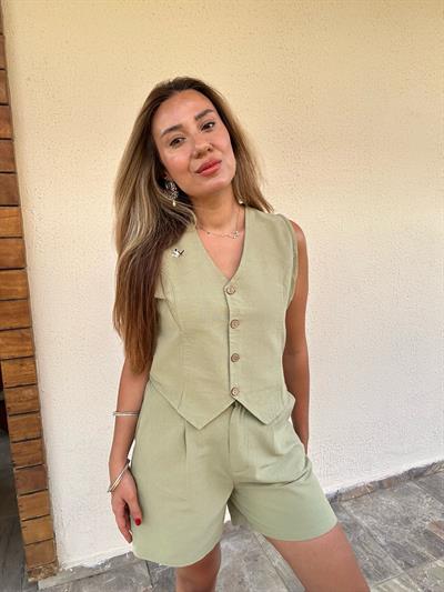 Nakış Logolu Şort Yelek Keten Takım