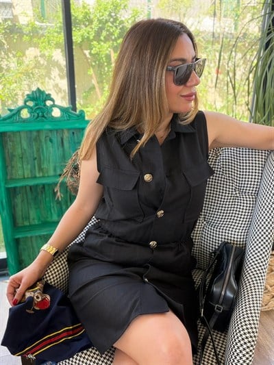 Önü Düğmeli Beli Lastikli Keten Elbise