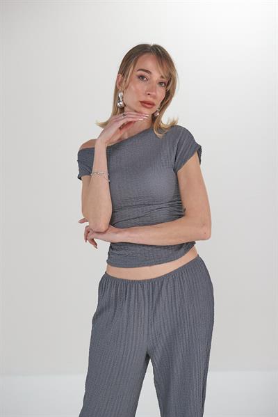 Sona Füme Asimetrik Bluz Pantolon Takım