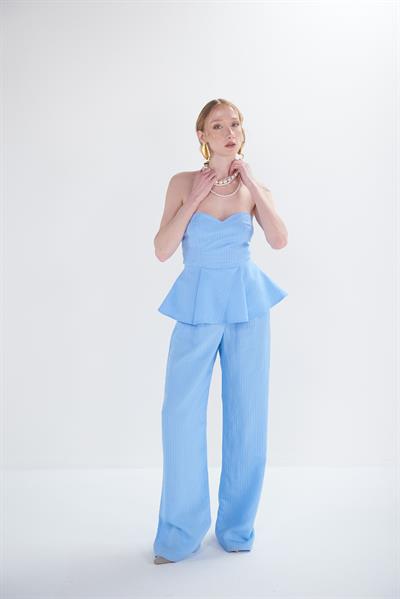 Straplez Çizgi Detaylı Bluz Pantolon Takım