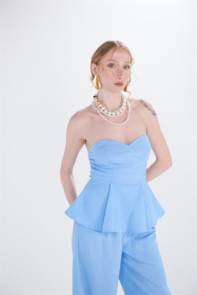 Straplez Çizgi Detaylı Bluz Pantolon Takım