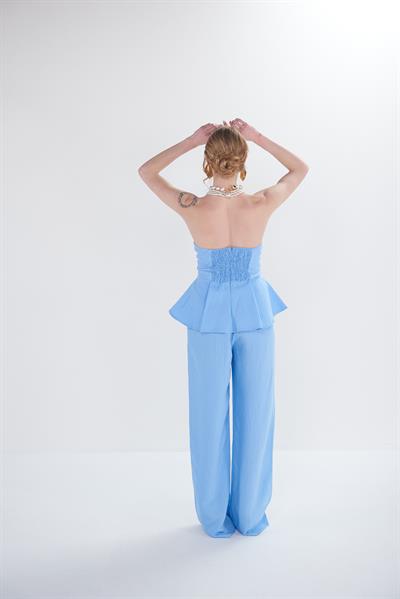 Straplez Çizgi Detaylı Bluz Pantolon Takım