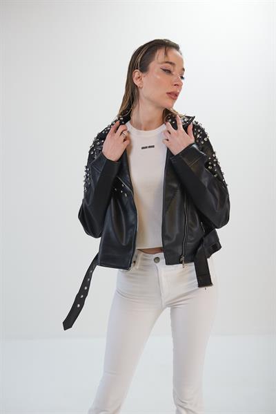 Taş Detaylı Motorcu Suni Deri Deri Ceket