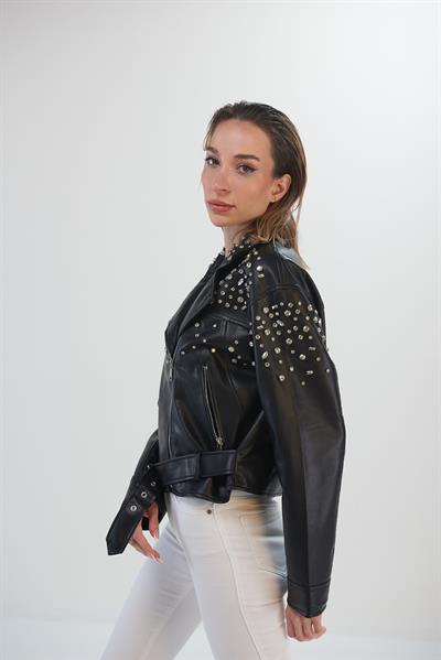Taş Detaylı Motorcu Suni Deri Deri Ceket