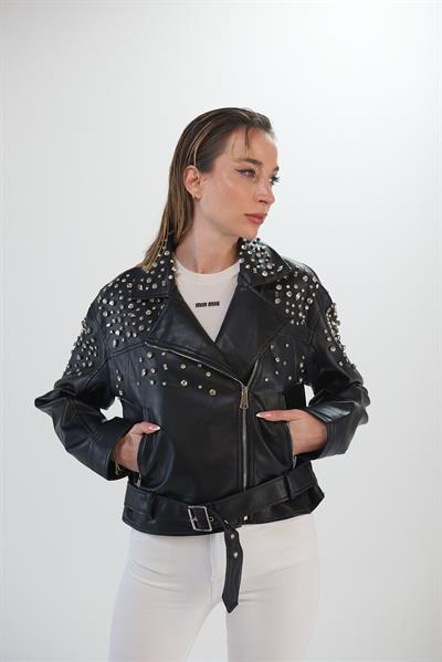 Taş Detaylı Motorcu Suni Deri Deri Ceket
