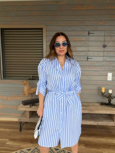 Taş İşlemeli Kemerli Çizgili Elbise