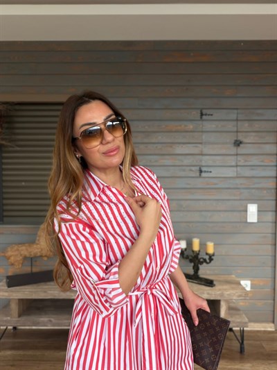 Taş İşlemeli Kemerli Çizgili Elbise