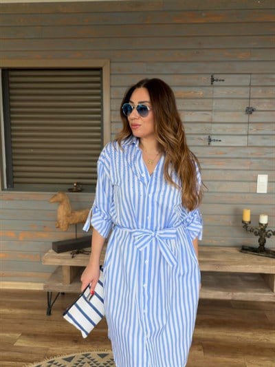 Taş İşlemeli Kemerli Çizgili Elbise