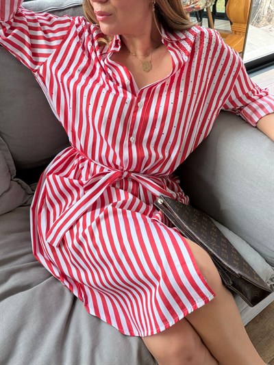 Taş İşlemeli Kemerli Çizgili Elbise