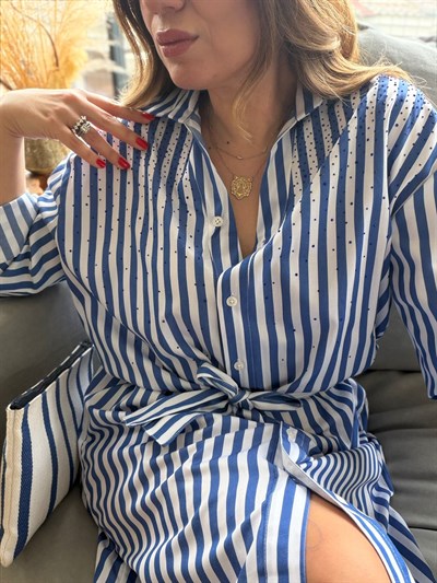 Taş İşlemeli Kemerli Çizgili Elbise