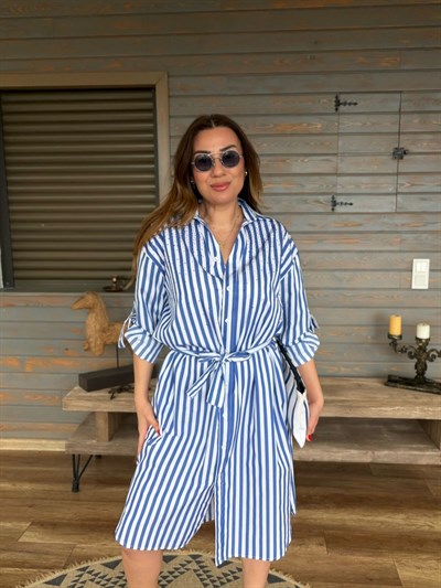 Taş İşlemeli Kemerli Çizgili Elbise