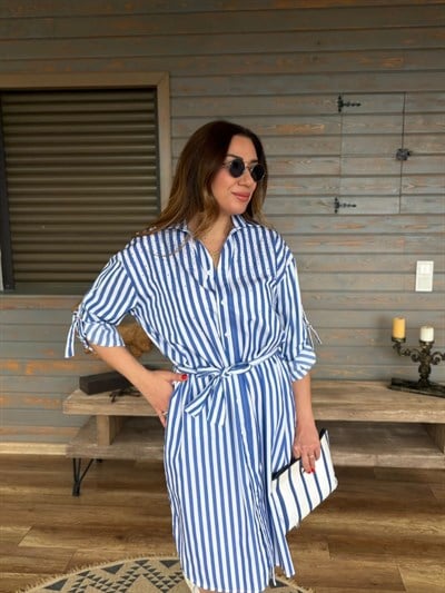 Taş İşlemeli Kemerli Çizgili Elbise