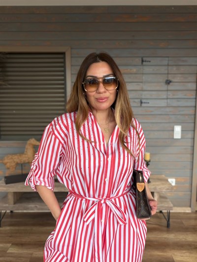 Taş İşlemeli Kemerli Çizgili Elbise