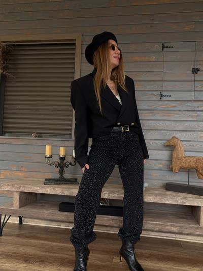 Tasarım Taşlı Baggy Jean Pantolon